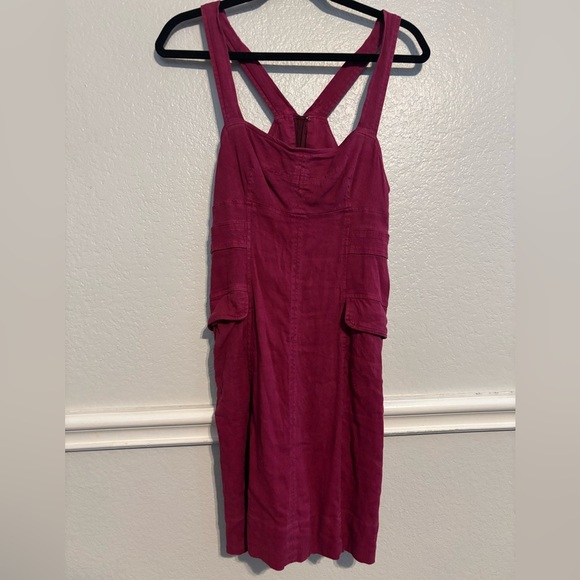 Anthropologie Raspberry Flap Pocket Stretch Linen Blend Zip Mini Dress Size 4 - Picture 3 of 8